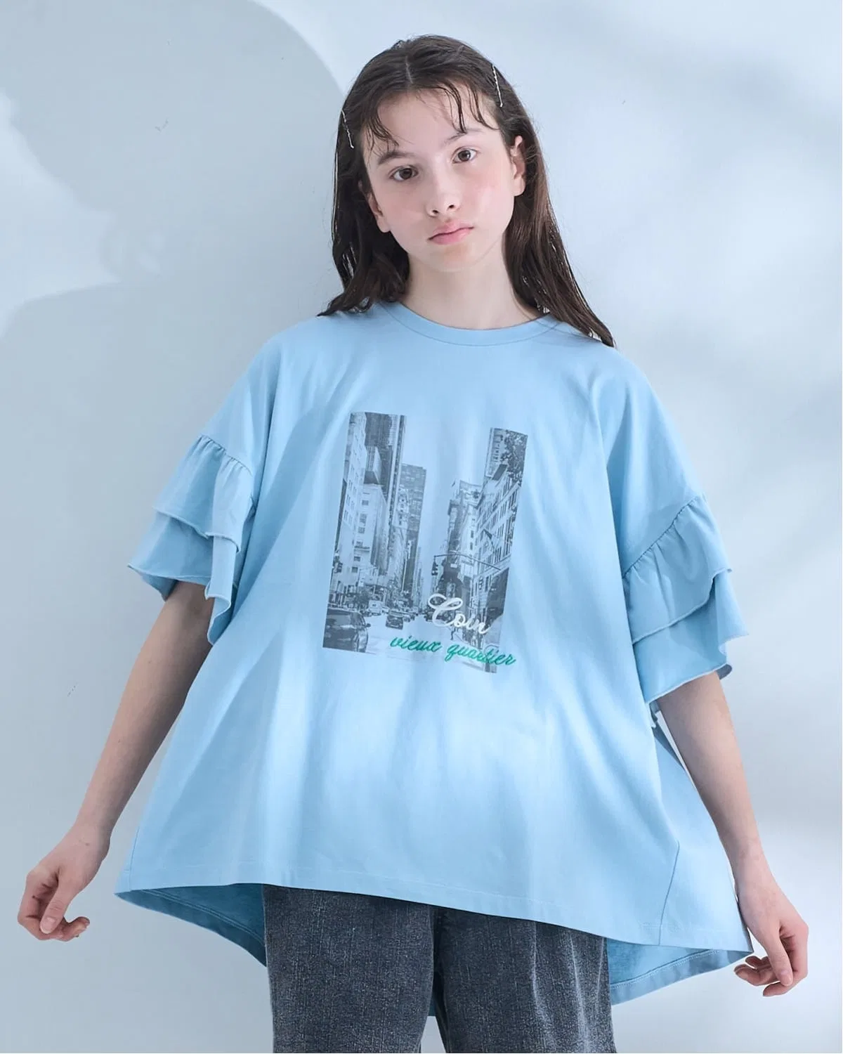 Детская туника для девочек с длинным рукавом модель AMI, pom ponette junior, Light Blue