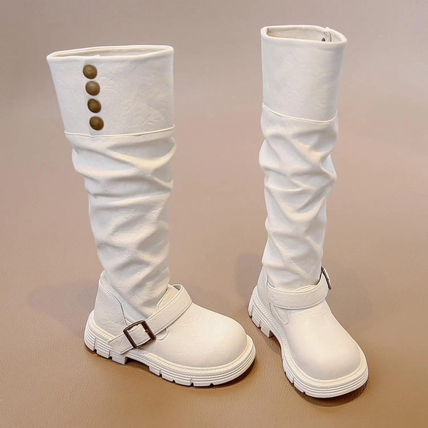 Детские сапоги для девочек с эффектом сливона и пряжкой, White — фото 4