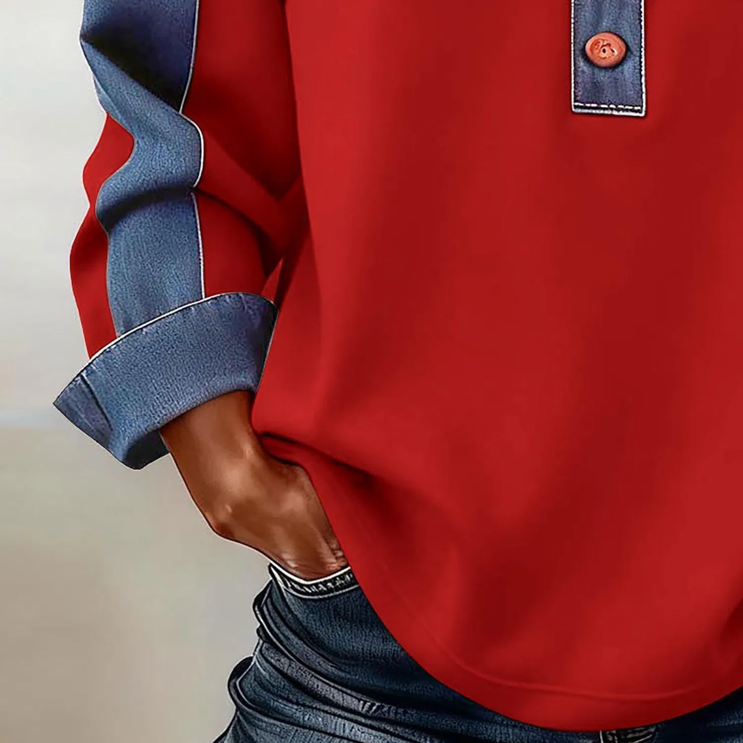Женский джинсовый свитер с принтом Button Down, Non Lavorato A Maglia #Z02-rosso — фото 4