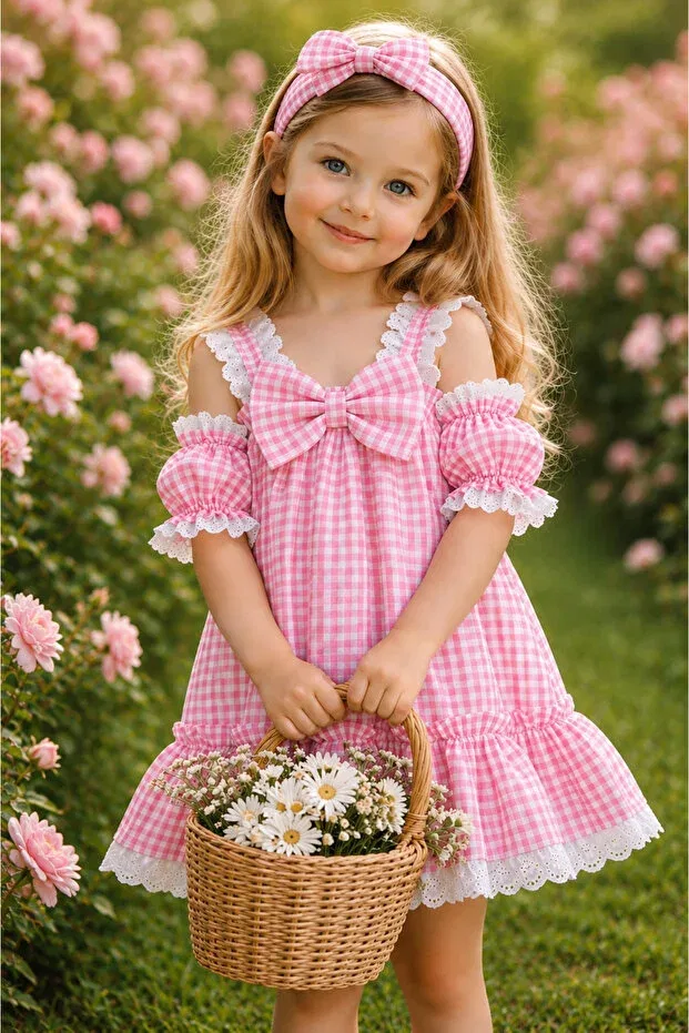 Детское платье для девочек с принтом Vintage Plaid Bow Detailed Trend Natural, Pink