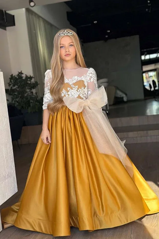 Детское платье для девочек сатиновое с длинным рукавом Girl'S satin mustard long evening dress with transparent tulle collar, guipure embroidered shoulders and sleeves, bow detail Riccotarz, Hardal
