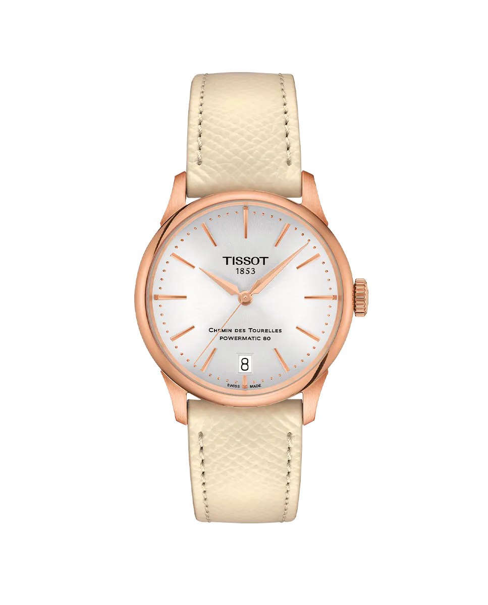 

Женские часы из коллекции Chemin des Tourelles из бежевой кожи Tissot, бежевый