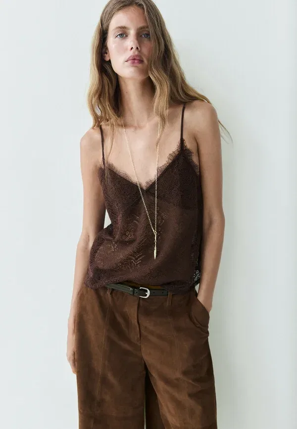 Топ с кружевной отделкой Strappy lace detail top Massimo Dutti, темно-коричневый