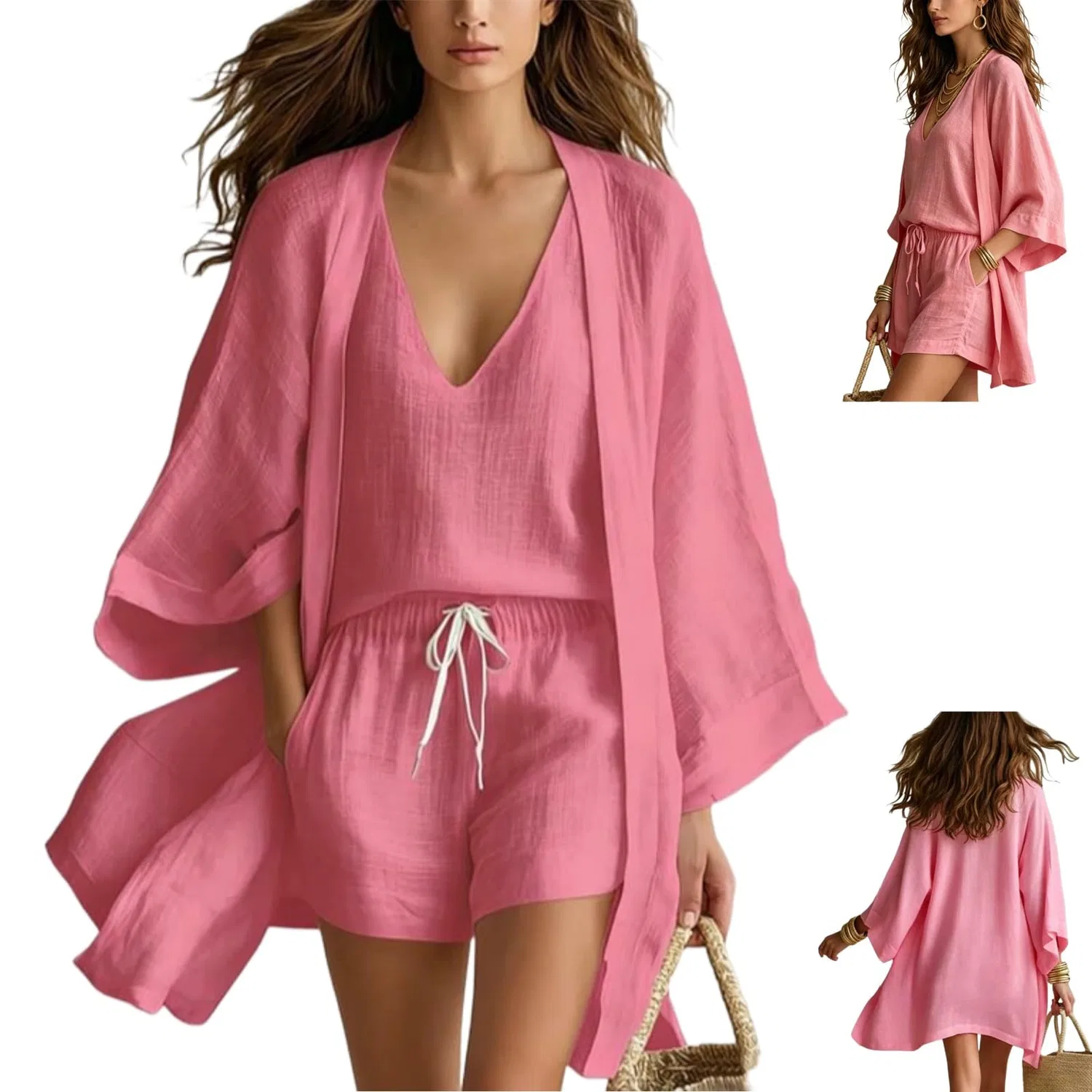 Женский комплект из кардигана и шорт с кулиской, Lightweight Layered Three Piece Set, Pink