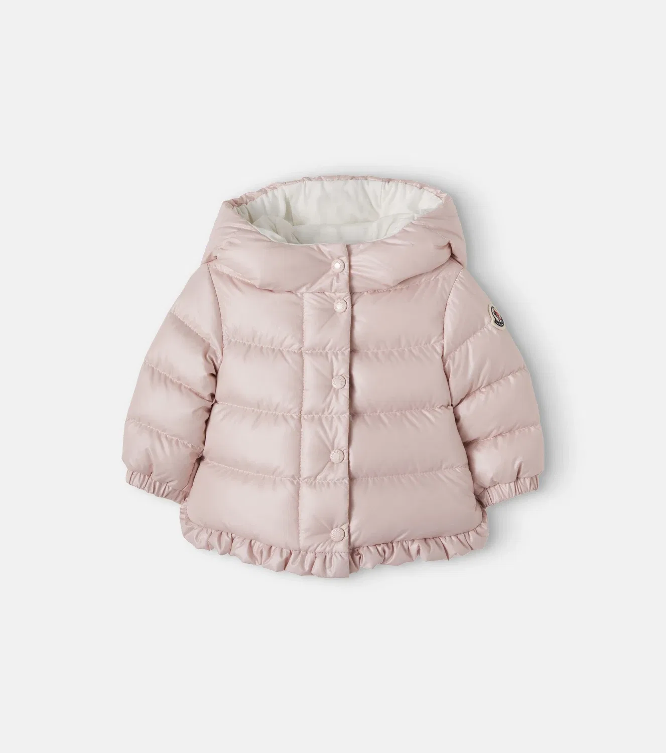 Детский пуховик с капюшоном и оборками Moncler Enfant, розовый