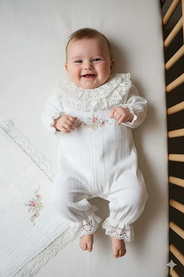 Детский комплект из муслина с вышивкой цветов Babiesfirst, White — фото 2