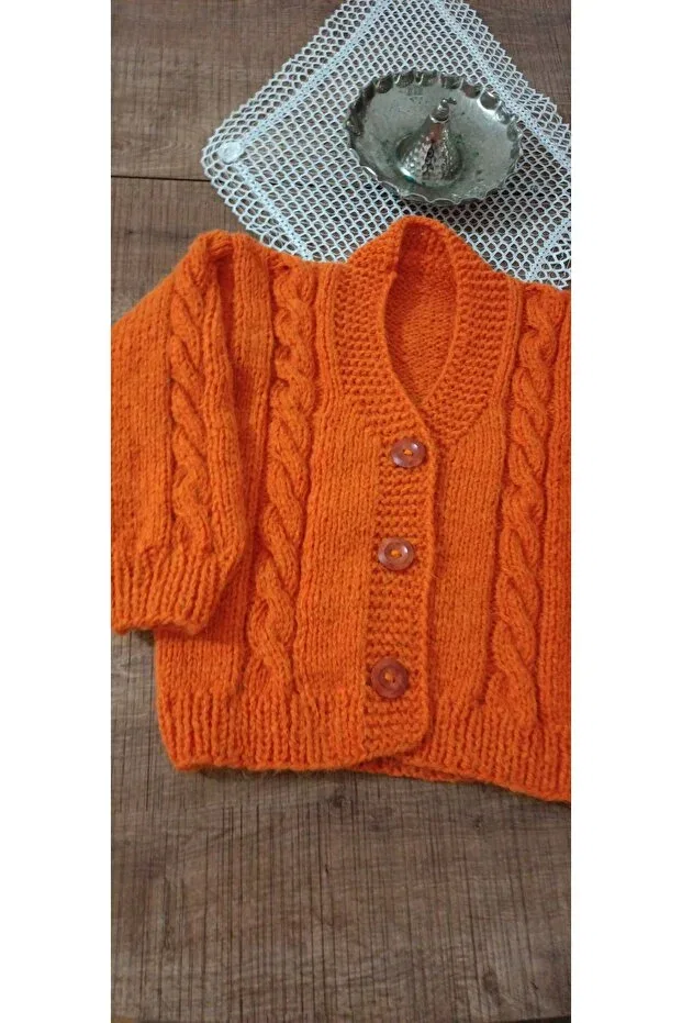 Детский кардиган для новорожденных вязаный Hand Knitted Baby Cardigan El Örgüsü Cici Bebe, Orange — фото 2