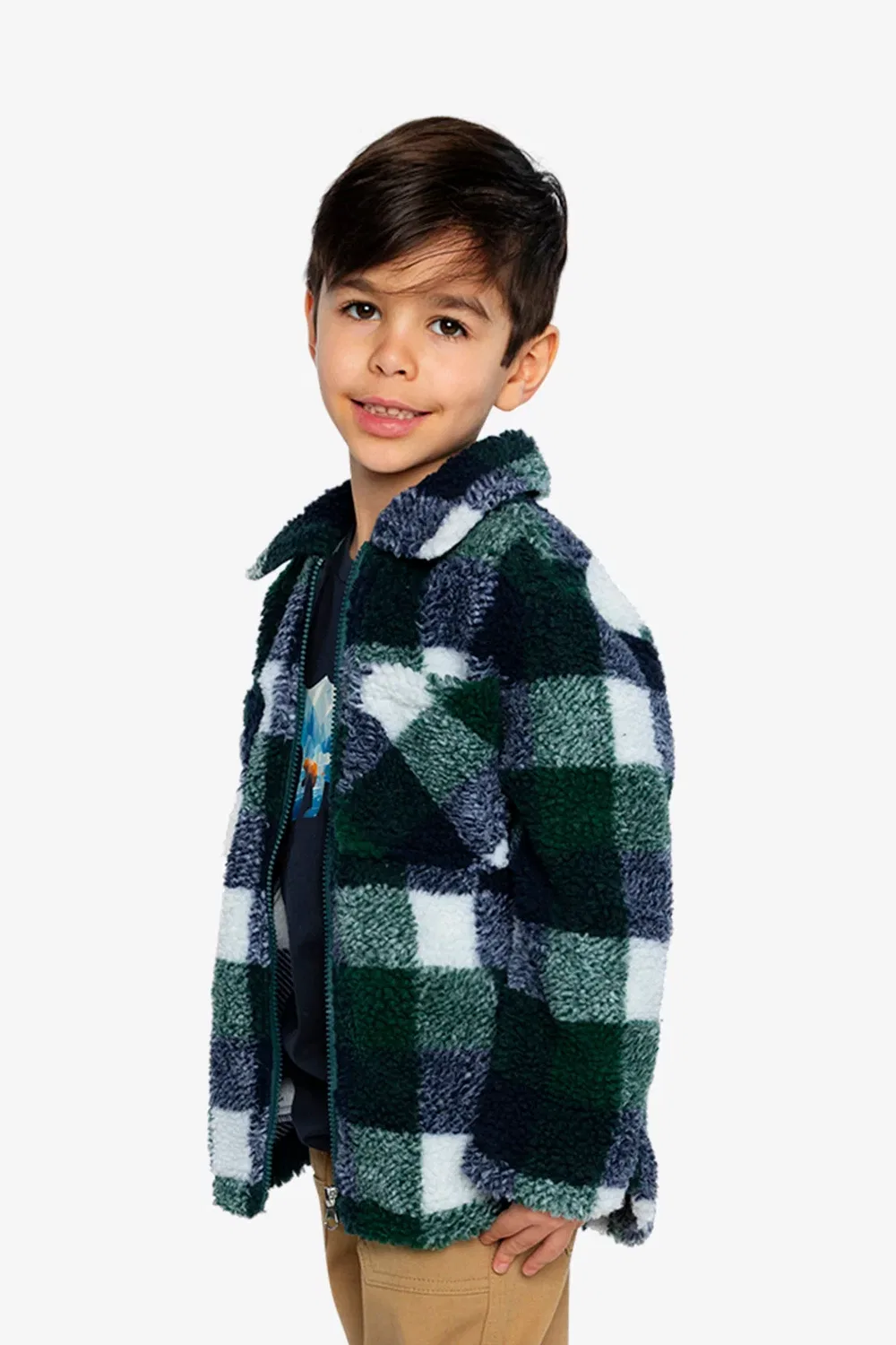 Детская рубаха-куртка на молнии с принтом Zipped Overshirt Deux par Deux, Blue and Green Checks — фото 3