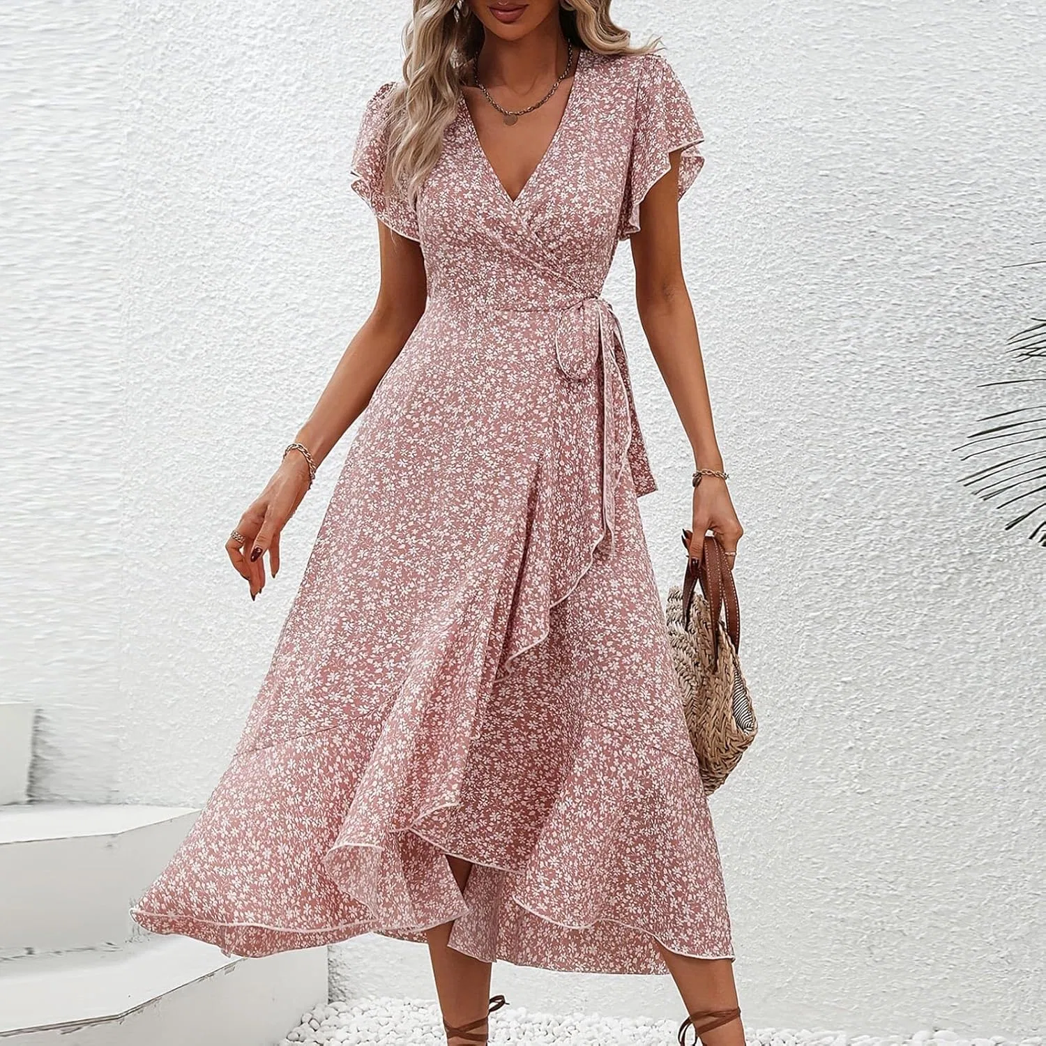 Женское летнее платье миди с цветочным принтом Wrap Dress, Pink — фото 2