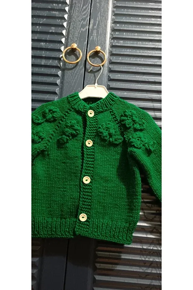 Детский кардиган для девочек вязаный Hand knitted girl's cardigan El Örgüsü Cici Bebe, Dark Green — фото 2