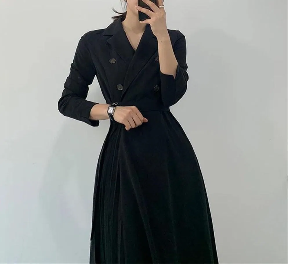 Женское платье с двойными пуговицами и поясом, A-силуэта, Black — фото 3