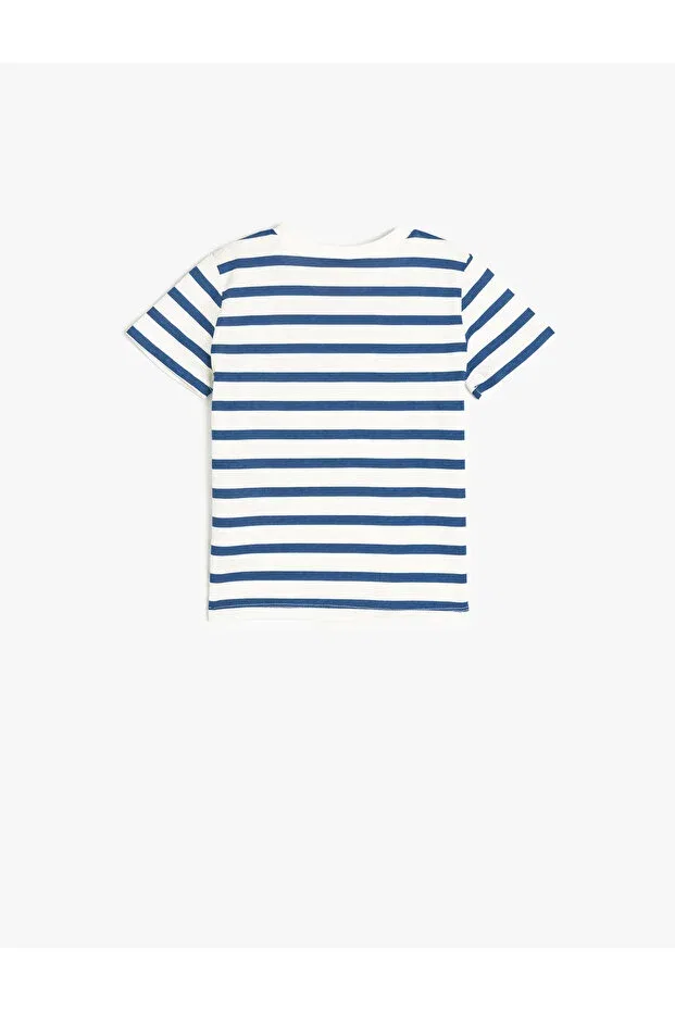 Детская футболка с принтом Striped Crew Neck Short Sleeve Cotton T-Shirt Koton, Ecru Striped — фото 2