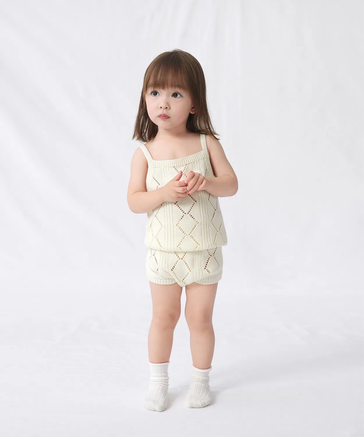 Детский комплект из вязаного топа и шорт с ажурным узором, модель ENHENN, Beige