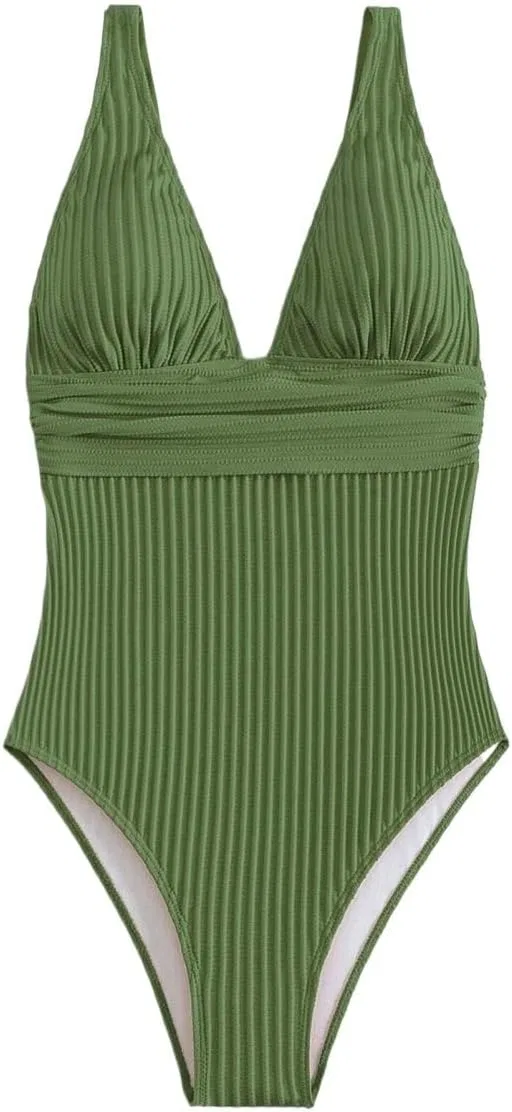 Женский слитный купальник с драпировкой V-образного выреза Summer Beach, Army Green