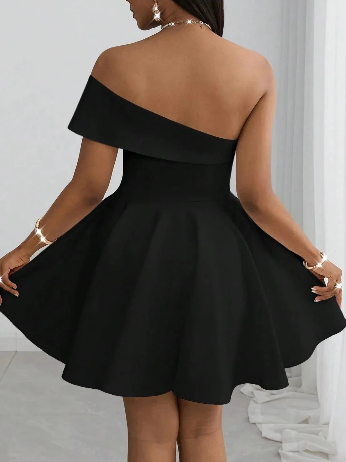 Женское повседневное платье A-line мини с открытыми плечами, Black — фото 3
