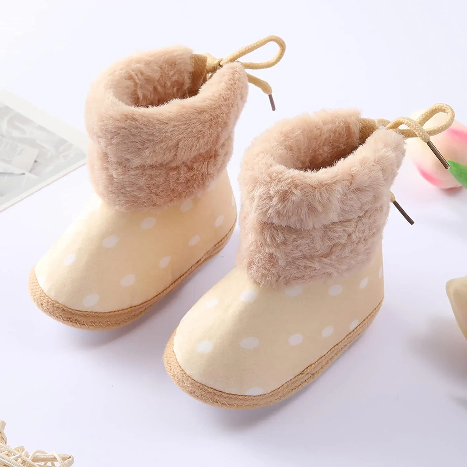 Детские зимние сапожки для девочек с флисом и принтом, Beige — фото 3