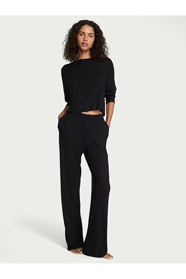 Женский комплект пижам с длинным рукавом Modal Wide Ribbed Long Pajama Set Victoria'S Secret, Black