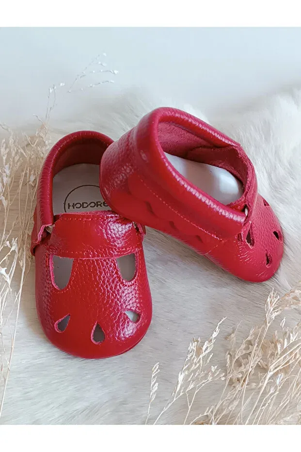 Детские пинетки для девочек кожаные Wizy red genuine leather baby booties moccasin Hodore, Dark Red — фото 4