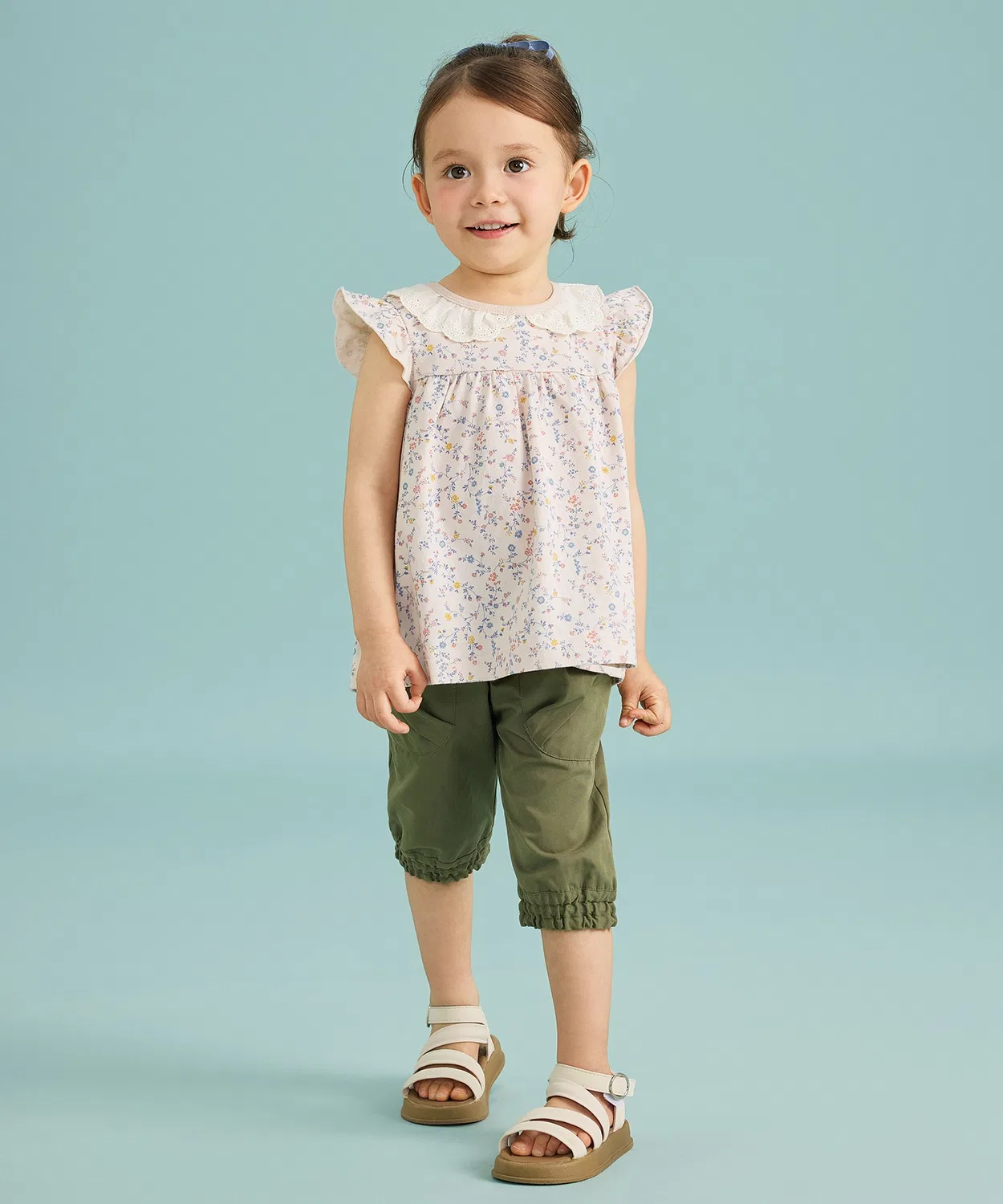 Детская туника с фриллами и цветочным принтом, модель Frill Sleeve Tunic (Small Flower), combimini, Baby Pink — фото 3