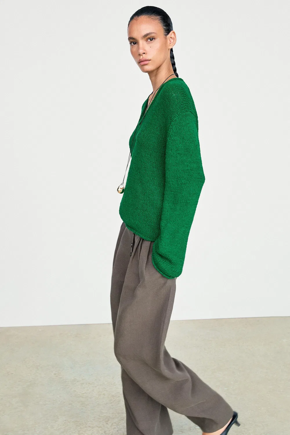 Свитер Massimo Dutti Cotton-Blend Knit, зеленый — фото 4