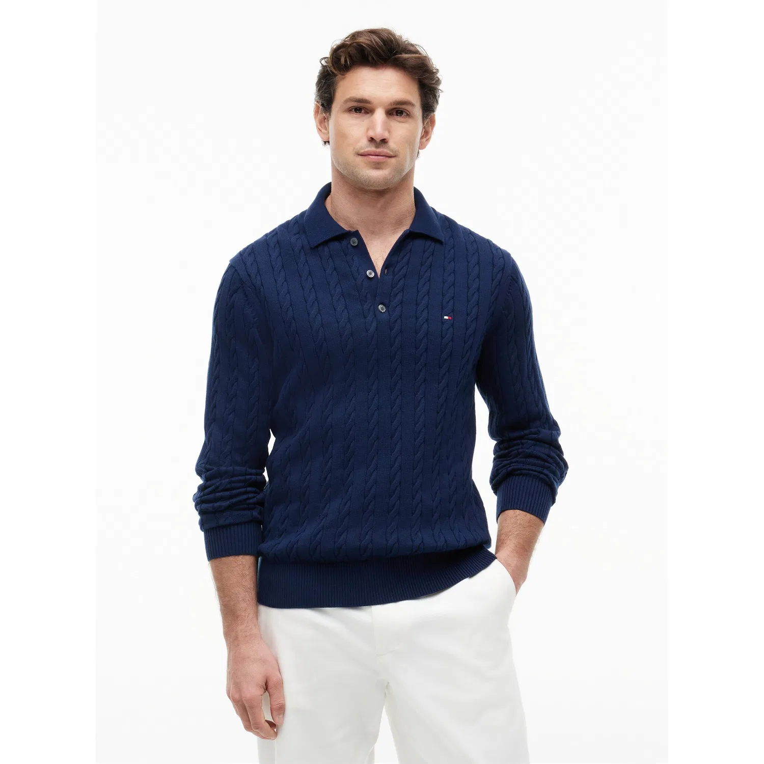 Мужской пуловер с поло и косами Tommy Hilfiger, Carbon Navy