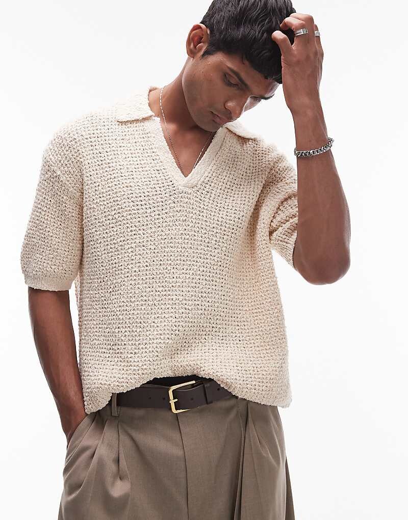 

Topman - Рубашка-поло из хлопкового трикотажа каменного цвета с лацканами