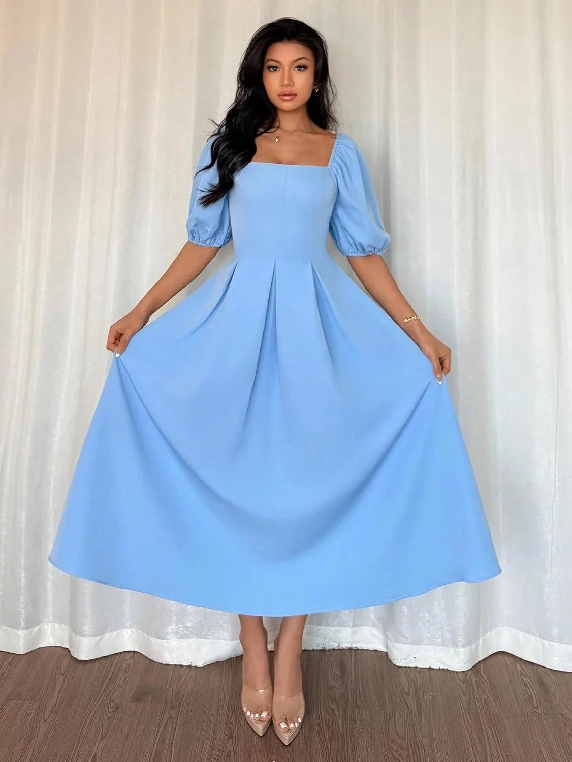 Женское элегантное платье миди A-силуэта с пышными рукавами, Blue — фото 3