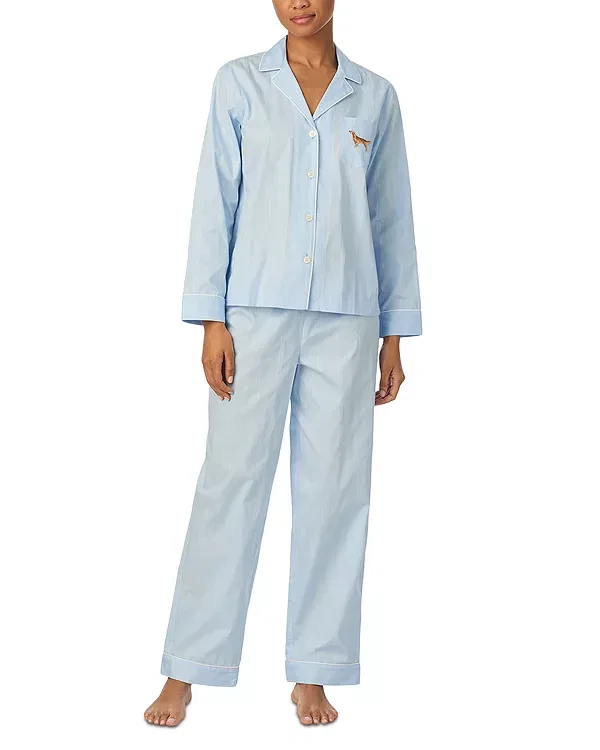 Женская пижама с принтом Dog Embroidery Textured Woven Long Sleeve Notch Collar Long Pant Pajama Set Ralph Lauren, Light Blue Stripe