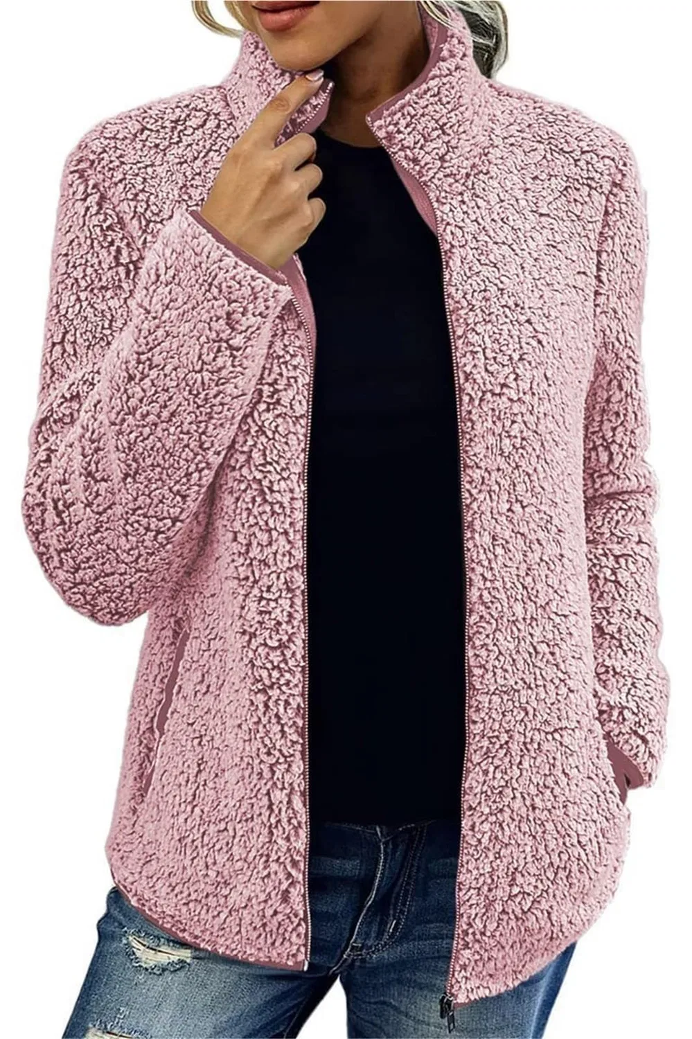 Женская куртка из флиса с высоким воротником и молнией, Pink — фото 2
