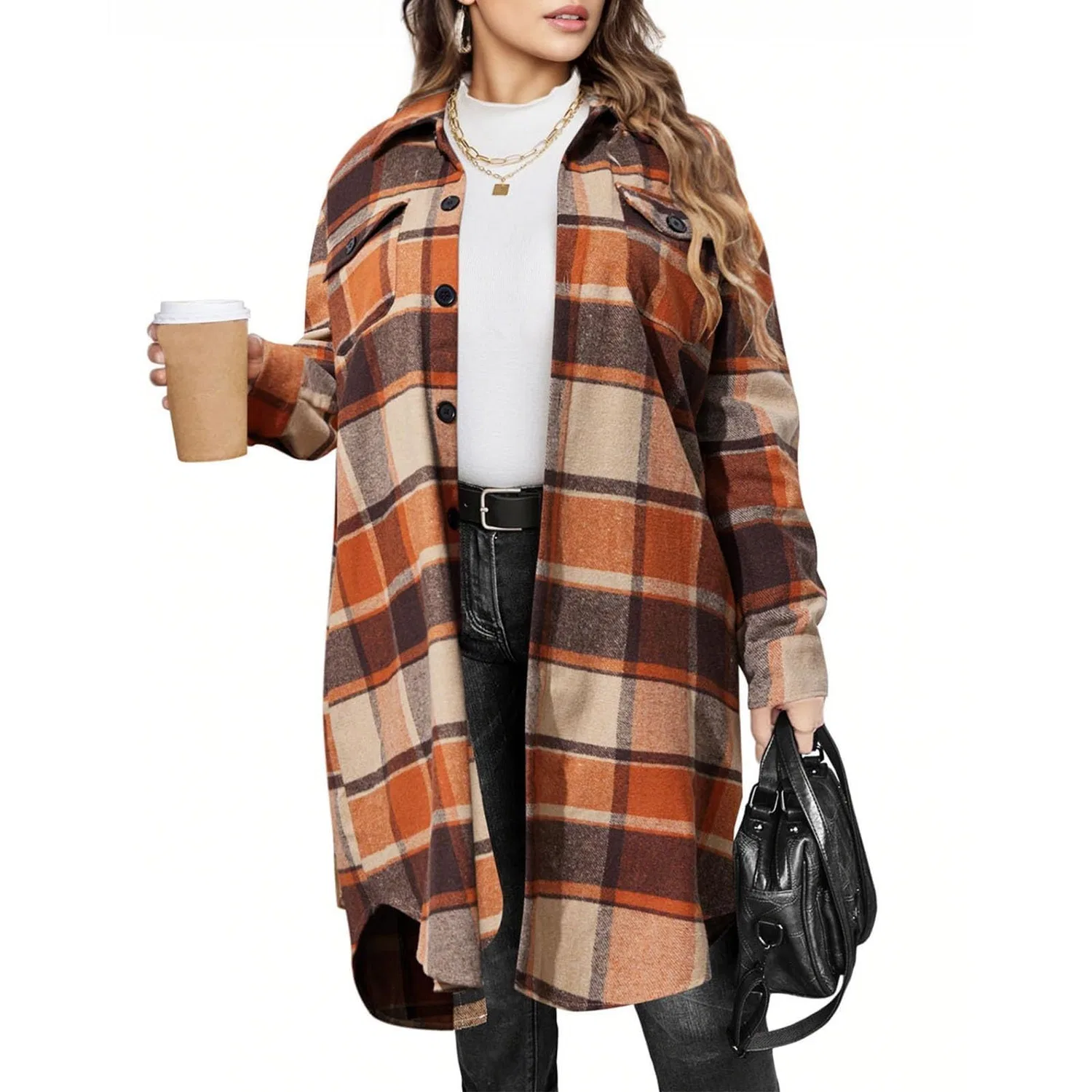 Женская рубашка-куртка с принтом в клетку Oversized Plaid Shacket, Orange — фото 4