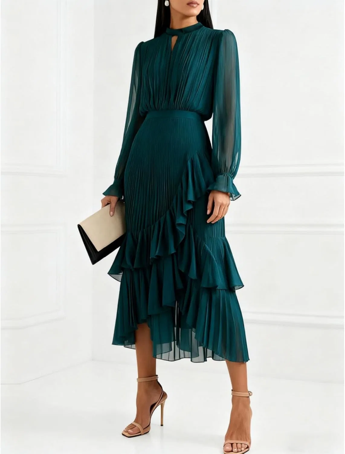 Женское вечернее платье с воланами и асимметричным подолом, Dark Green — фото 3