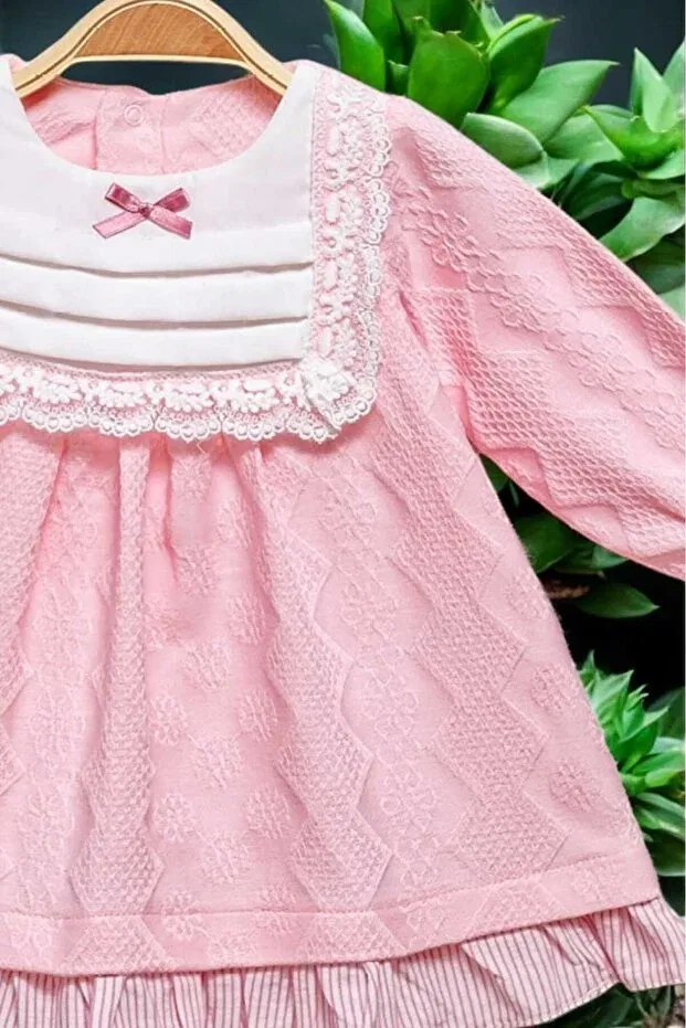 Детское платье для девочек с принтом Floral Embroidered Lace Detailed Bowknot Dress 0-2 Years Self-Patterned Fabric Dinamik Çocuk, Pink — фото 4