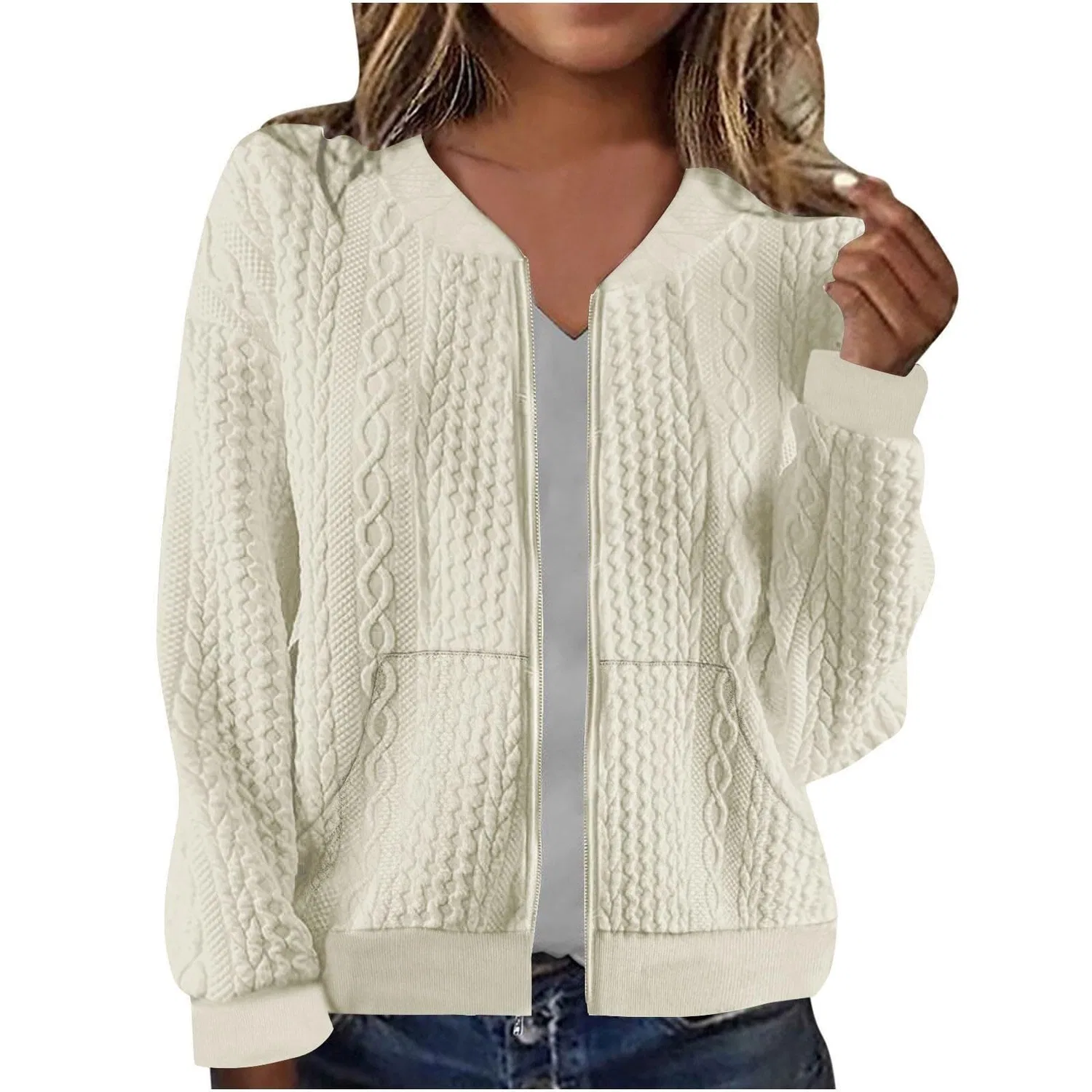 Женский утеплённый кардиган на молнии с длинным рукавом, 1-beige