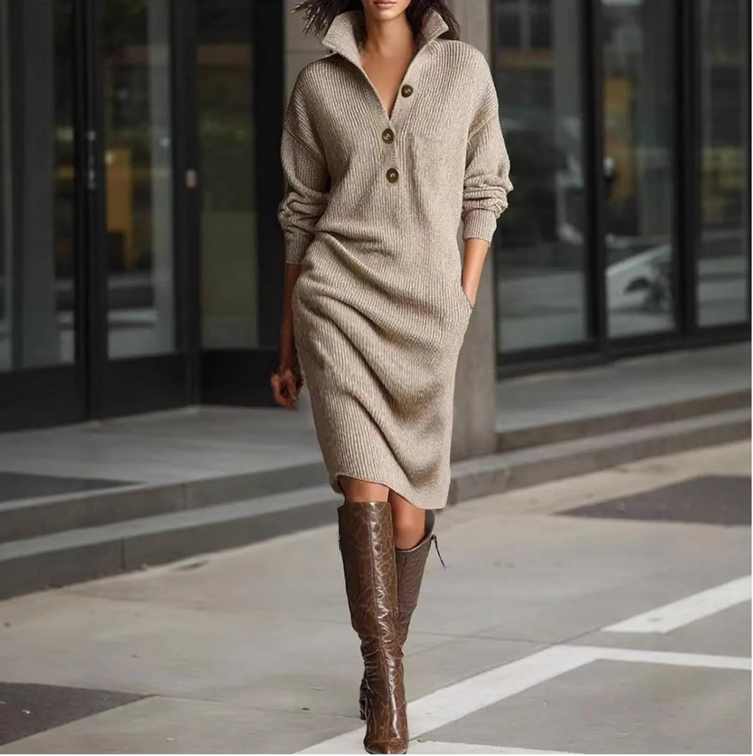 Женское свободное платье-свитер с воротником-стойкой Generic, Khaki — фото 2