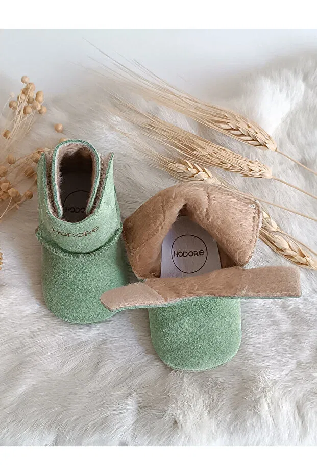 Детские ботинки для мальчиков из натуральной кожи Lucca green genuine leather baby boots with fur inside Hodore, Green — фото 4