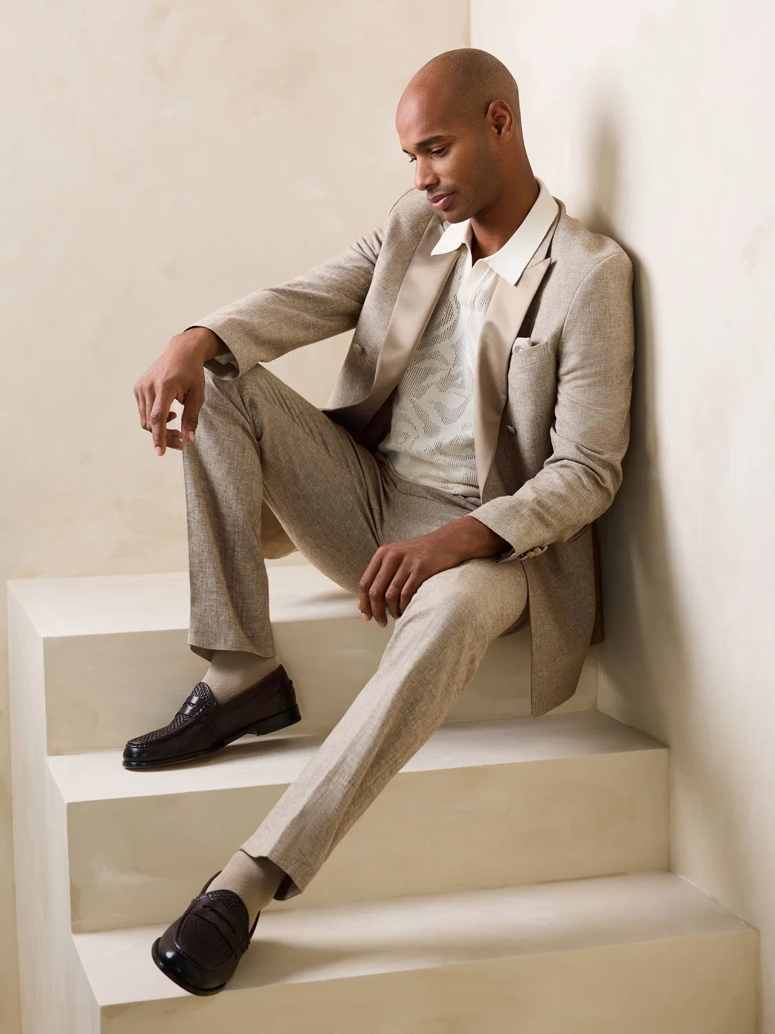Пиджак двубортный фактурный из смеси льна Next, каменный — фото 4