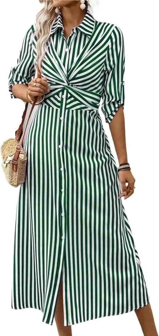 Женское летнее платье с полосками twisted front, Green