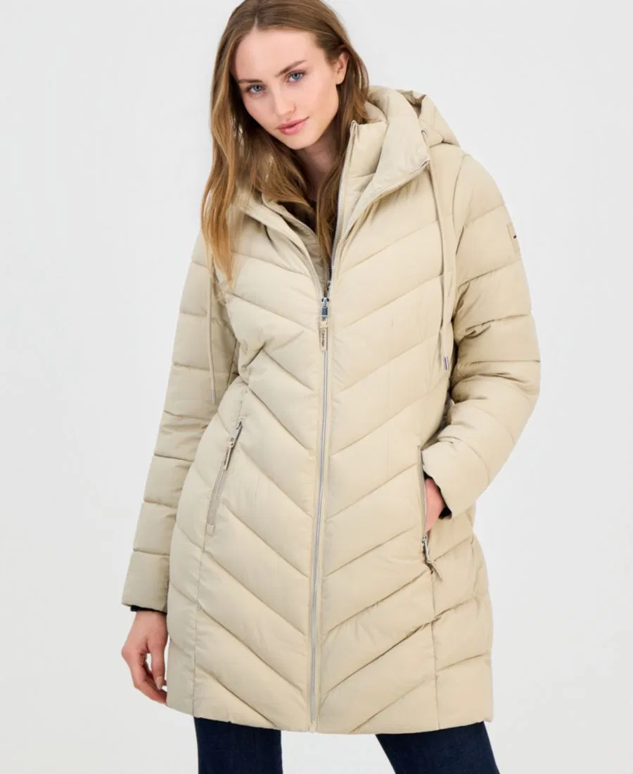 Пуховик женский с капюшоном и съемным воротником Calvin Klein, WHITE PEPPER