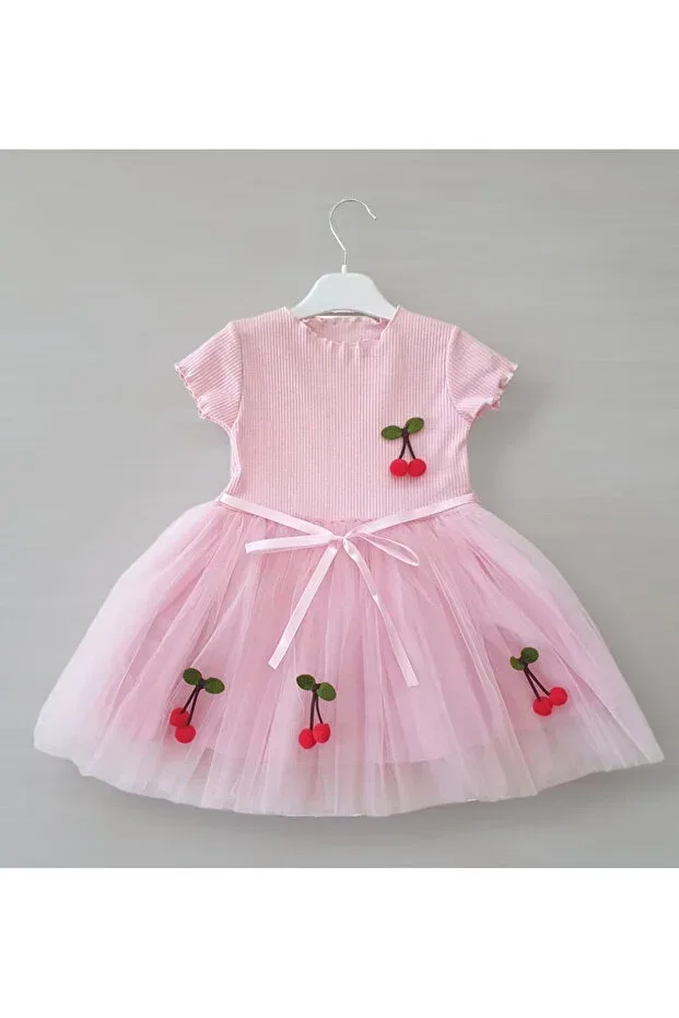 Детское платье для девочек с принтом Lulu cherry short sleeve baby girl kids cherry fluffy tutu dress princess stretchy lycra pink Şirin Şeyler Butiği, Pink — фото 2