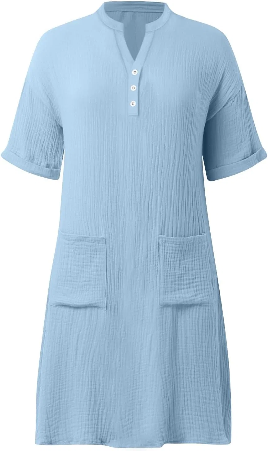 Женское платье-рубашка с закатанными рукавами из льна, Light Blue — фото 3