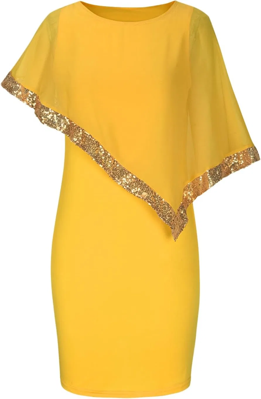 Платье женское с асимметричной накидкой с пайетками, Plus Size, Yellow — фото 3