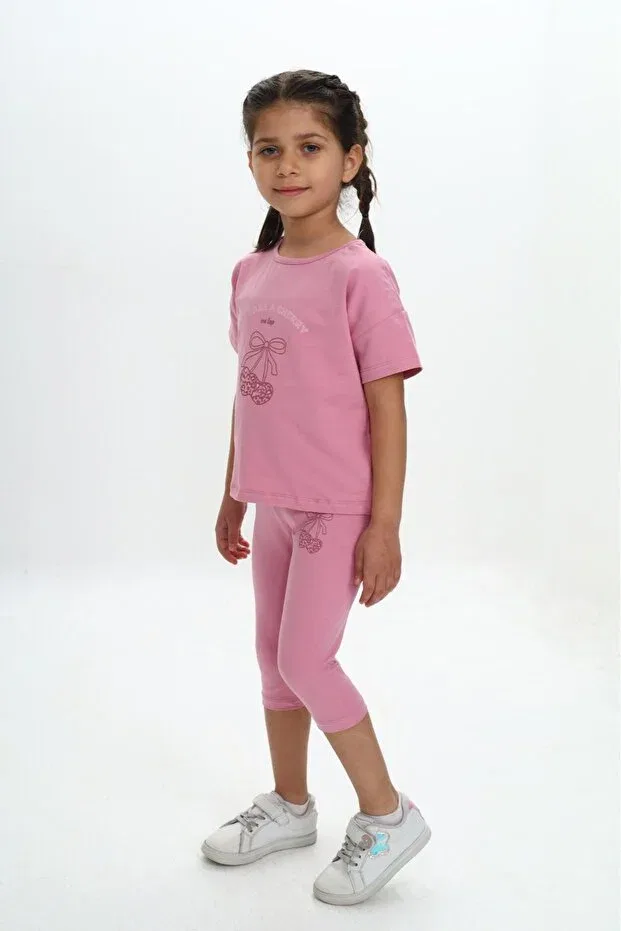 Детский комплект для девочек с принтом Heart Bow Printed Capri Suit Toontoy, Dried Rose — фото 3