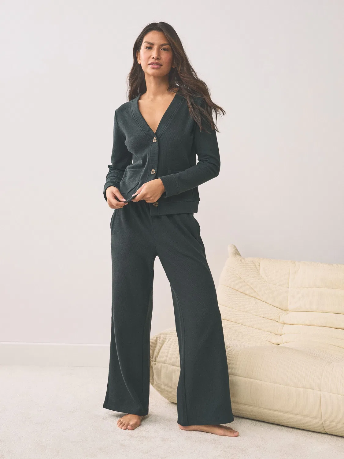 Комплект домашней одежды Waffle Cardigan Loungewear Set Next, черный