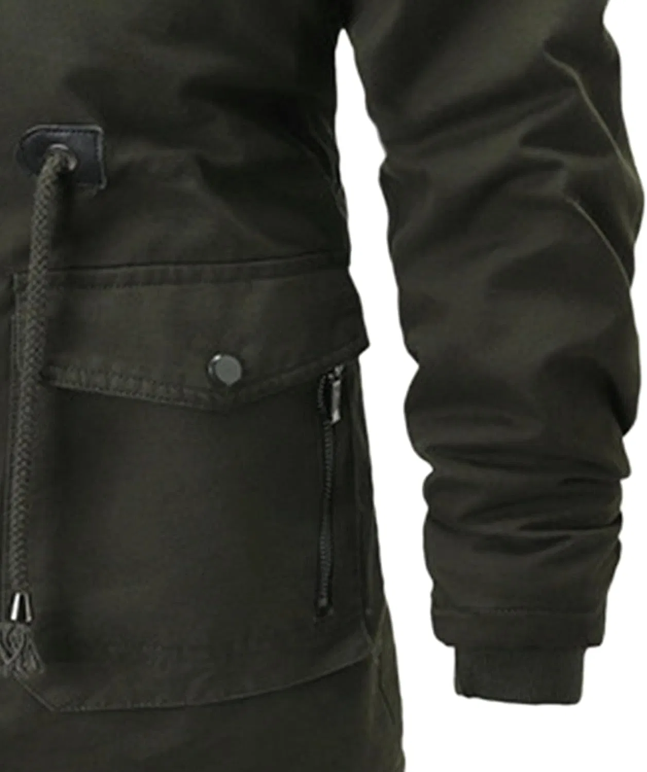 Мужское пальто с капюшоном на флисе, Men's Hooded Mid Long Cotton Coat, армейский зелёный — фото 3