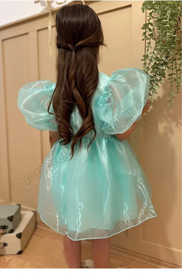 Детское платье для девочек с коротким рукавом Green Shiny Janjan Balloon Sleeve Girl's Dress Penu Baby Kids, Green — фото 2