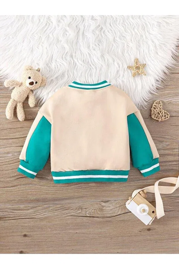 Детская куртка-бомбер с принтом Unisex Letter Appliqued Contrast Stripe Detailed College Bomber Pink Hippo Kids, Cream — фото 2