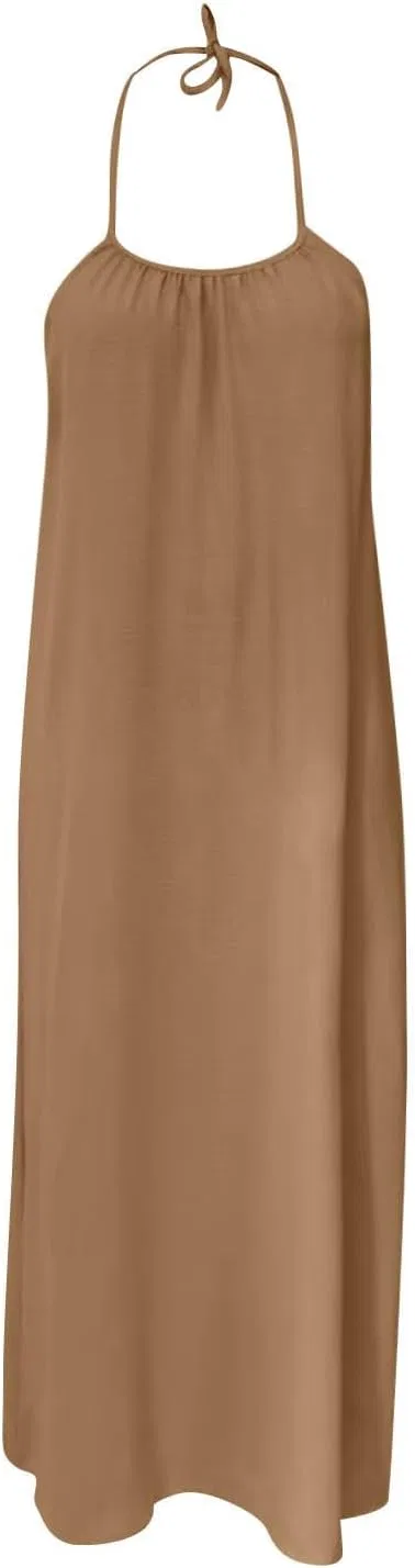 Женское летнее макси-платье на запах с открытой спиной, Khaki — фото 4