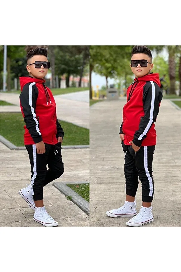 Детский спортивный костюм для мальчиков с принтом Unisex Striped Detail Hooded Kids Tracksuit Set 1903 Zaziko Kids, Красный — фото 3