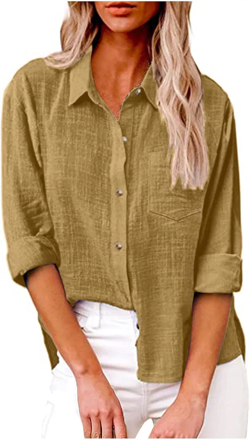 Женская льняная рубашка оверсайз с V-вырезом, Khaki