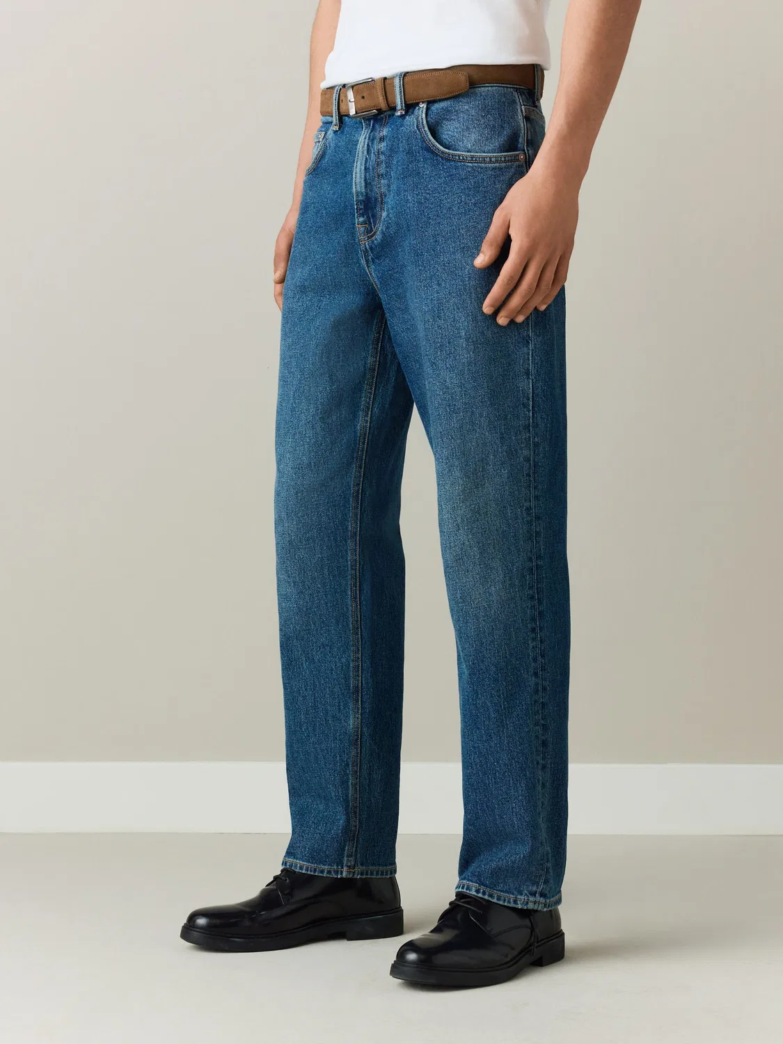 Джинсы прямого кроя с ремнем, Mid Blue Denim Next